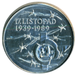 Stříbrná mince 100 Kčs 50. výročí událostí 17. listopadu 1939 1989 b.k.