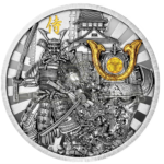 Sběratelská investiční mince 5 Dollars Warriors, Samurai, high relief, antique standard, zlaceno 2 oz Ag 2019