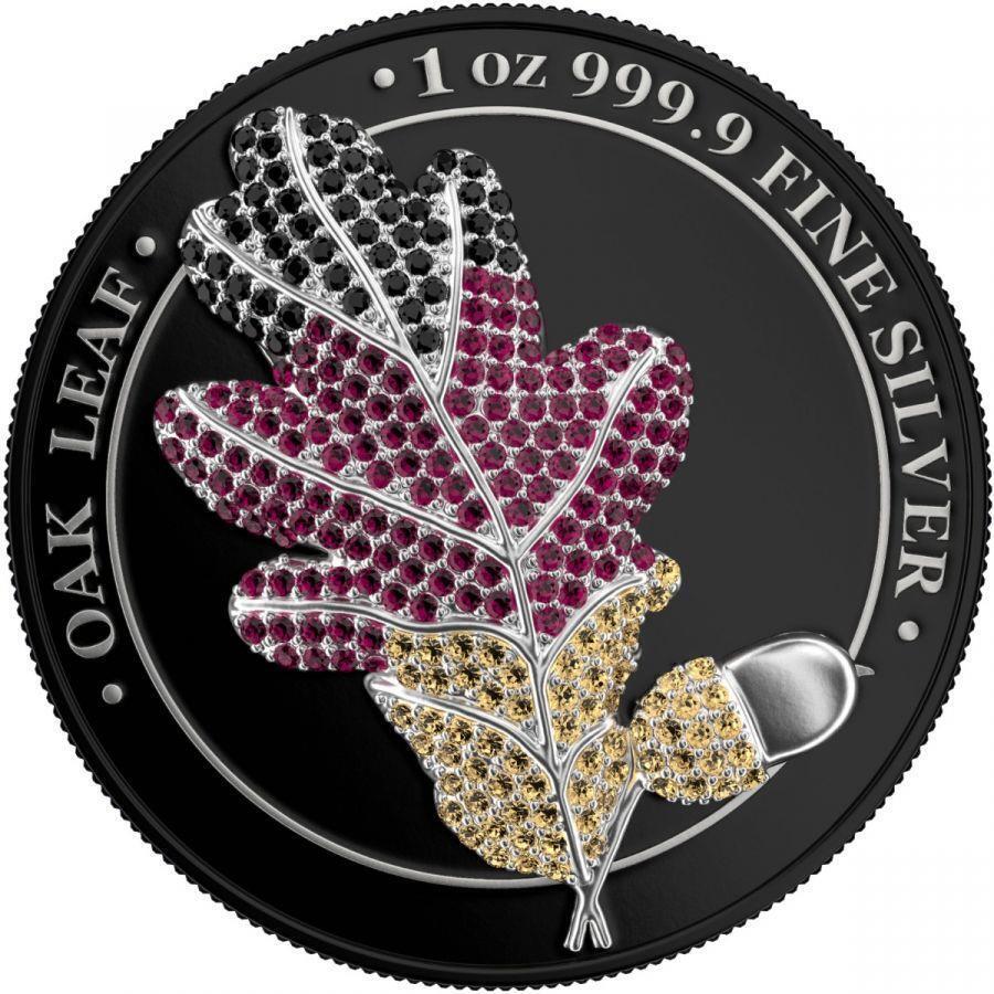 2019-dub-list-kameny1 Sběratelská investiční mince 5 Mark Oak leaf Dubový list Vlajka s drahokamy 1 oz Ag 2019 - Obrázek 1