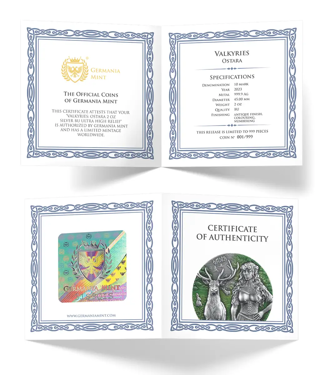 Sběratelská investiční mince 10 Mark Valkyries Ostara Ultra High Relief 2 oz Ag 2023 - Obrázek 4