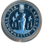Sběratelská investiční mince 50 Kroner ZOH Lillehammer 1994 Proof - běžkové lyžování