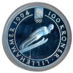 Sběratelská investiční mince 100 Kroner ZOH Lillehammer 1994 Proof - skoky na lyžích