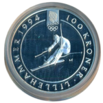 Sběratelská investiční mince 100 Kroner ZOH Lillehammer 1994 Proof - alpské lyžování