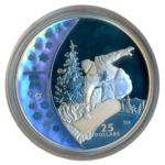 Sběratelská investiční mince 25 Dollars ZOH Vancouver 2010 Proof Hologram - snowboard