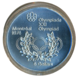Sběratelská investiční mince 5 Dollars LOH Montreal - olympijské kruhy 1976 b.k.