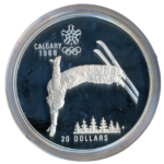 Sběratelská investiční mince 20 Dollars ZOH Calgary 1988 Proof - akrobatické lyžování