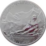 Sběratelská investiční mince 50 Somoni ZOH Soči 2014 Proof - alpské lyžování - kolorováno