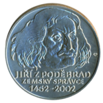 Stříbrná mince 200 Kč 550. výročí ustanovení Jiřího z Poděbrad zemským správcem 2002 b.k.