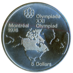 Sběratelská investiční mince 5 Dollars LOH Montreal 1976 - mapa Kanady b.k.