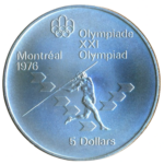 Sběratelská investiční mince 5 Dollars LOH Montreal 1976 - lehká atletika - hod oštěpem, b.k.