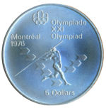 Sběratelská investiční mince 5 Dollars LOH Montreal 1976 - lehká atletika - hod oštěpem, b.k.