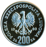 Sběratelská investiční mince 200 zlotých ZOH Lake Placid 1980 - skoky na lyžích Proof - Obrázek 2