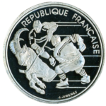 Sběratelská investiční mince 100 Francs ZOH Albertville 1992 - lední hokej Proof