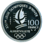 Sběratelská investiční mince 100 Francs ZOH Albertville 1992 - lední hokej Proof - Obrázek 2