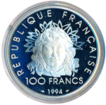 Sběratelská investiční mince 100 Francs LOH Lillehammer 1994 - oštěp Proof - Obrázek 2
