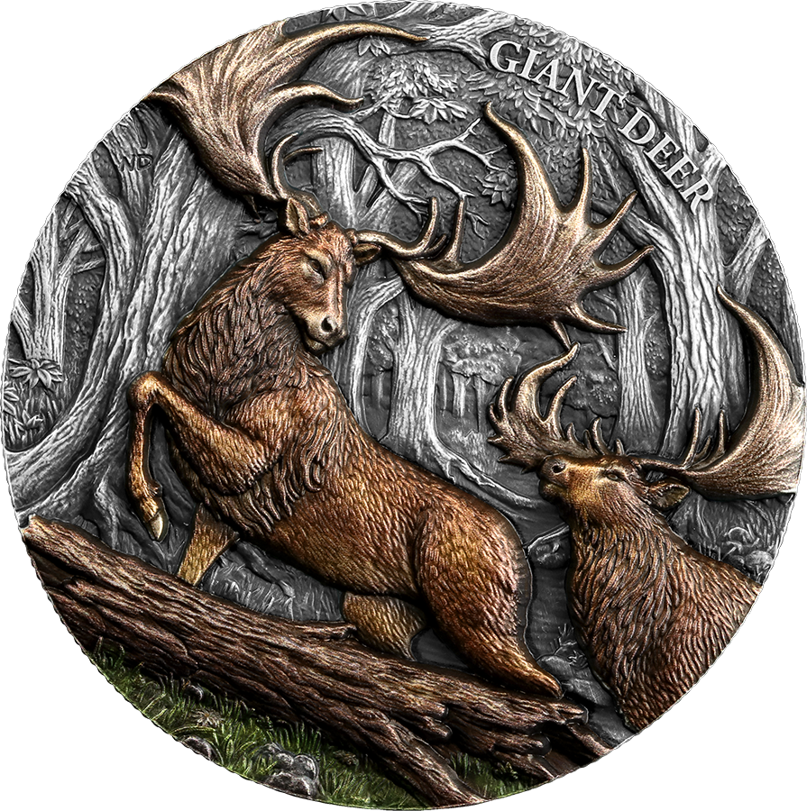 2026-republic-of-liberia-megafauna-giant-deer-25-dollars-2-oz-silver-bu-ultra-high-relief_a_900 Sběratelská investiční mince 25 Dollars Megafauna Obří jelen 2 oz Ag 2026 ultra high relief, antique finish, kolorováno, číslováno - Obrázek 1